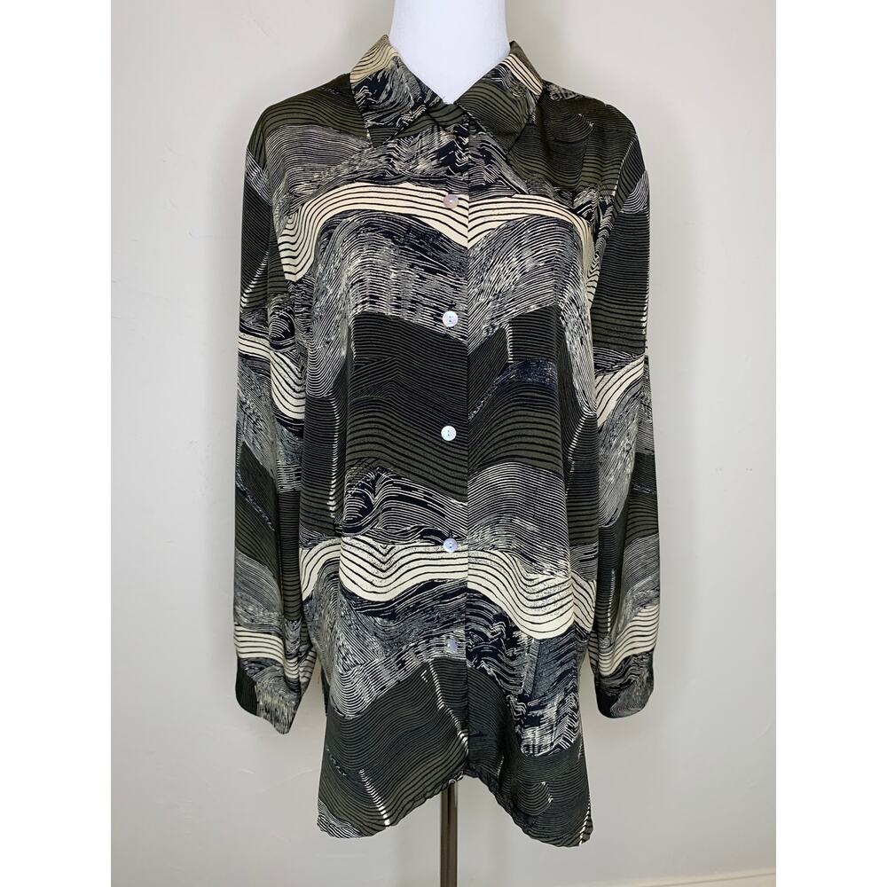 Vintage Jordan Black Tan Abstract Print Blouse Sz XL Y2k